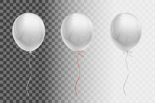 White flying balloon with ribbons of white, red, silver on a transparent background