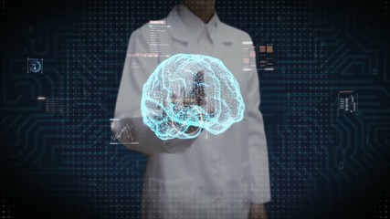 Female scientist, engineer touching digital brain, Dots connected Brain shape, digital lines in digital display interface, grow future artificial intelligence.