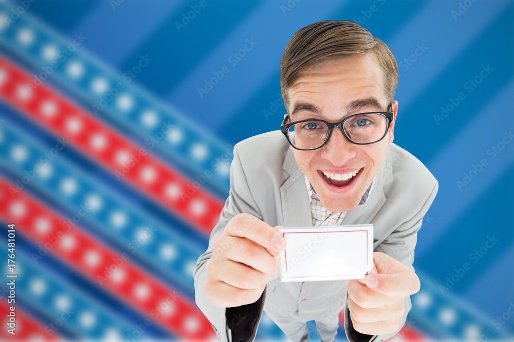 Aufkleber composite image of geeky hipster smiling and showing card
