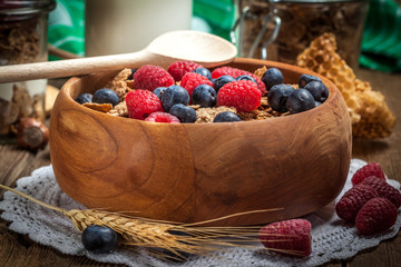 Tasty breakfast with milk and fruit.