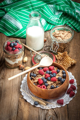 Tasty breakfast with milk and fruit.