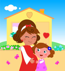 Naklejka premium Cartoon pregnant woman with daughter