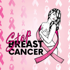 Beautiful girl with a pink ribbon. The design of a leaflet, poster or postcard on the theme of Breast Cancer. Vector illustration. Medicine, disease and treatment. Female diseases.