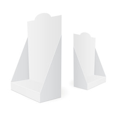 Blank cardboard POS display mockup with rounded top. Two templates in different positions to showcase your design or branding. Vector illustration