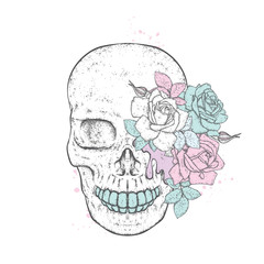 Stylish skull with beautiful roses. Fashion & Style. Vector illustration for a postcard or a poster, print for clothes.