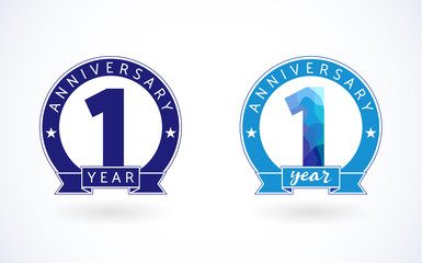 1 year old stained-glass blue colored logotype. Anniversary 1 st number. Shining celebrating congratulating greetings concept. One, first place or % off stained broken glass, isolated facet puzzles.