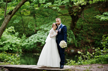 Obraz na płótnie Canvas Attractive wedding couple standing and posing on a small wooden bridge next to the pond in the forest.