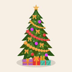 Decorated christmas tree.  Vector illustration. Flat design
