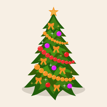 Decorated christmas tree.  Vector illustration. Flat design