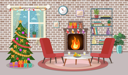 Christmas room interior. Christmas tree in the cozy living room. Flat design.