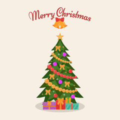 Decorated christmas tree.  Vector illustration. Flat design