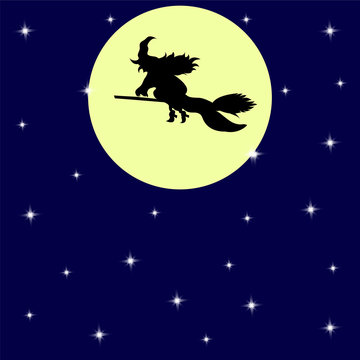 Background Halloween witch on a broom full moon sta
