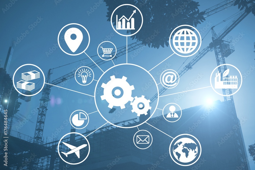 Poster composite image of composite image of gears amidst various icons