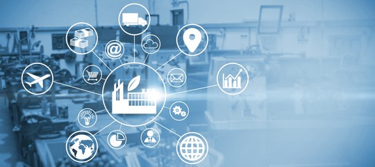 Composite image of composite image of industry amidst various