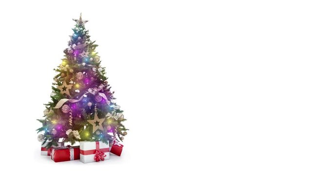 Looping  multi colorful lights decorated xmas tree with gift boxes on white background with text space to place logo or copy. Animated abstract Christmas present greeting post card. 4k loop video