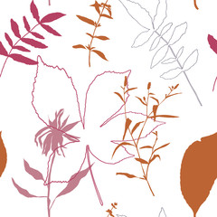 Floral vector seamless pattern with wild flowers, chestnut tree leaves and herbs.