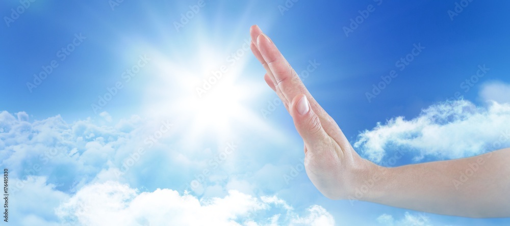 Poster composite image of hand of man pretending to touch invisible