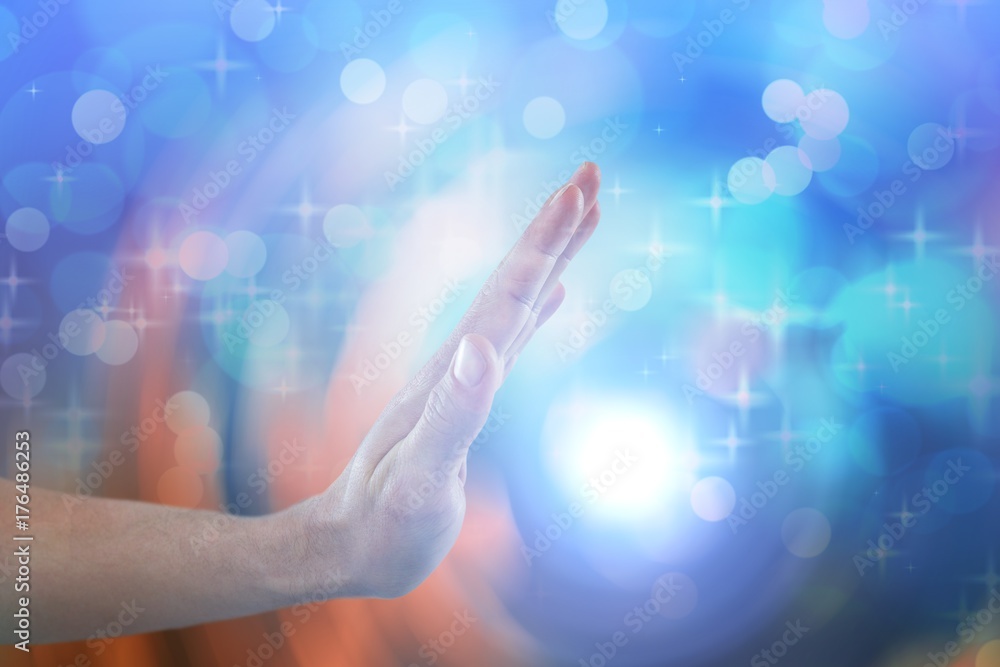 Poster composite image of hand of man pretending to touch invisible