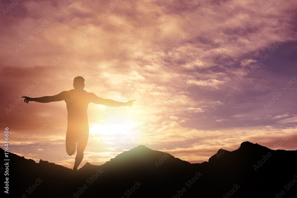 Poster composite image of front view of happy sportsman is running for