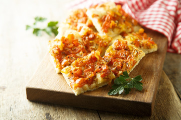 Focaccia bread with tomatoes and garlic