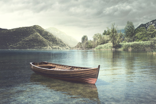 Wooden boat floating in the water