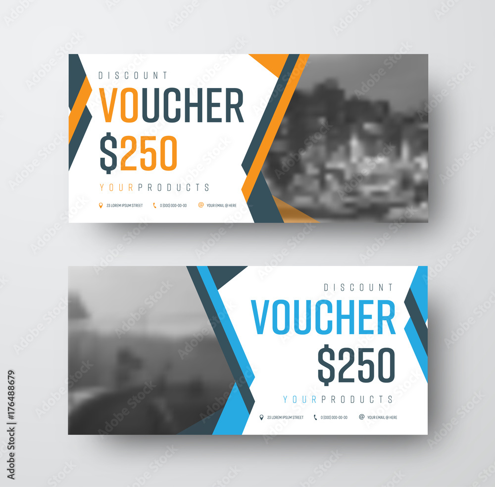 Poster vector gift voucher template with abstract colored lines and place for photo