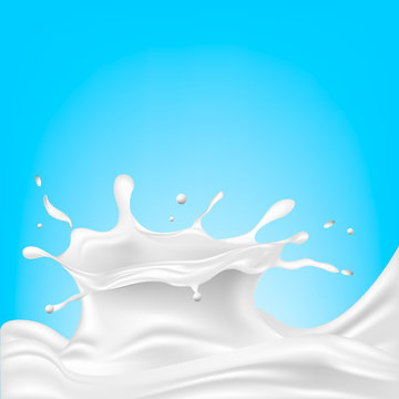 A white splash of milk, cream, yogurt, cream on a blue background. Isolated dairy product. Spray. Vector. 
