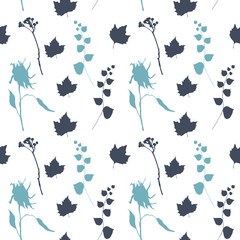 Floral vector seamless pattern with wild flowers, platan or maple and ivy leaves and twigs with berries.