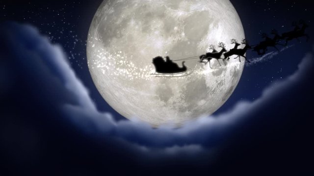 Blue xmas night with moon and clouds with Santa Claus sleight and reindeer silhouette enter and exit flying with text space to place logo or copy.Animated Christmas present greeting post card 4k video