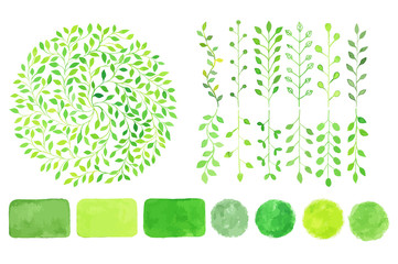 Set of watercolor logotypes. Green leaves, branches, plants elements, laurels