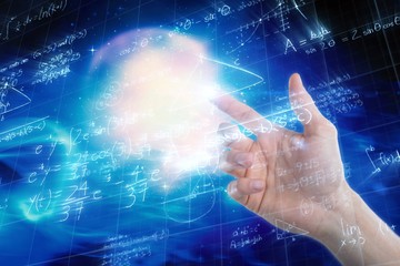 Composite image of hand of man pretending to touch an invisible