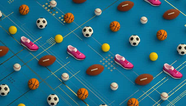 isometric sports fitness background made of soccer, football, tennis, baseball balls and colorful running sneakers. 3d render