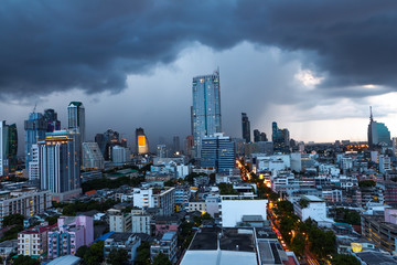 Aerial view of Bangkok downtown under the storm and cloudy sky