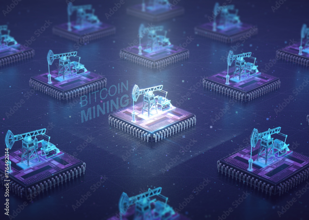 Poster computer circuit board with muliple asic chips and oil pump jacks on top of cpu. blockchain cryptocu