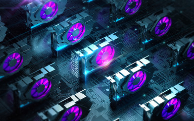 abstract cyber space with multiple gpu videocards farm. Blockchain Cryptocurrency Mining Concept. 3D render