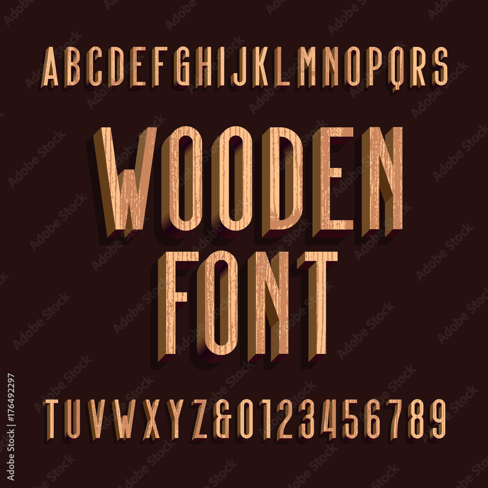 Poster wood retro alphabet vector font. letters and numbers. stock vector typeface for your headers and any