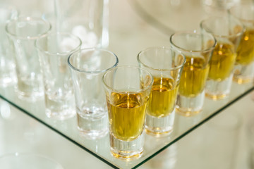 Catering services. Celebration. glasses with alcohol placed on the glass