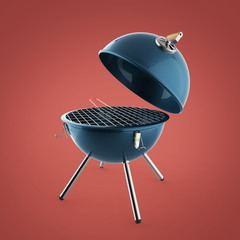 kettle barbecue charcoal grill with folding metal lid for roasting, BBQ render isolated - obrazy, fototapety, plakaty
