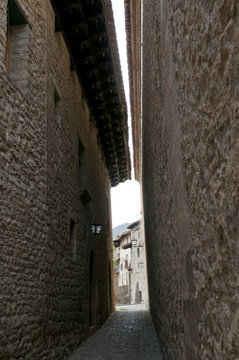 Narrow street in Mirambel in the Maestrazgo, Teruel, Spain