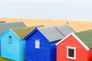 Colourful beach huts in the popular seaside town Southwold of the UK