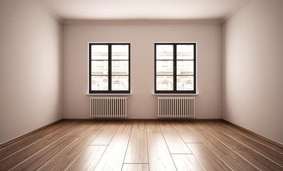 Leeres Zimmer mit heller Wand und Doppelfenster