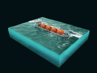 Liquid natural gas tanker ship on section of sea, water carriage and maritime transport, LPG, vessel, energy render for infographic. isolated.
