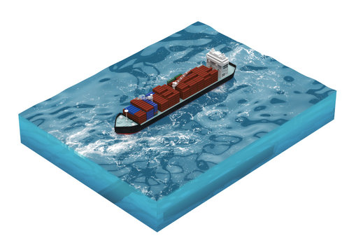 container cargo ship on section of sea, water carriage and maritime transport, Ship, boat, vessel, render for infographic. isolated