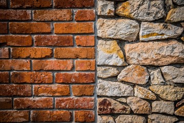 Red brick wall and stone wall background of colorful stones with HDR effect
