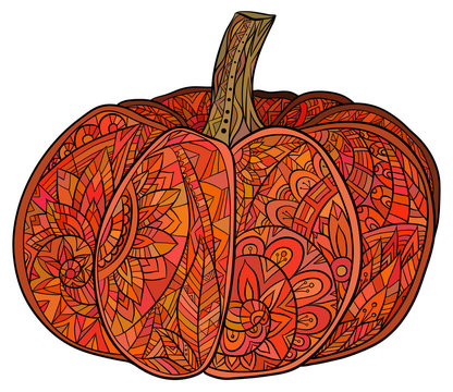 Colored doodle illustration of pumpkin with a boho pattern. Vector element for your creativity