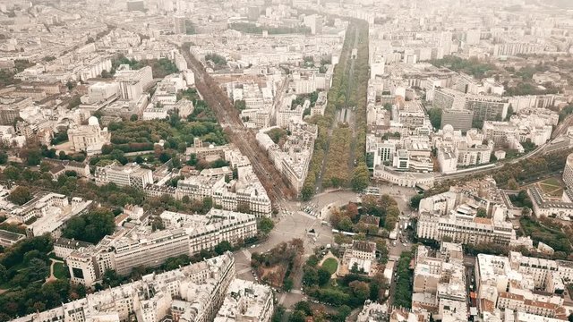 Aerial shot of Catacombs of Paris, metro railway tracks and the cityscape, France