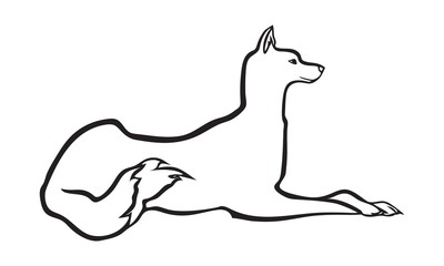 Black silhouette of a dog on white background. Stylized decorative image. Vector isolated.