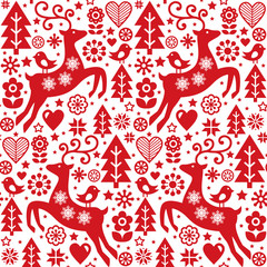 Kerst folk rode naadloze vector patroon, Scandinavische volkskunst, rendieren, vogels en bloemen decoratie, behang