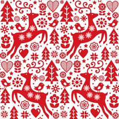 Gordijnen Kerst folk rode naadloze vector patroon, Scandinavische volkskunst, rendieren, vogels en bloemen decoratie, behang © redkoala