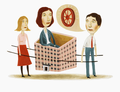 Business people carrying woman in highrise building
